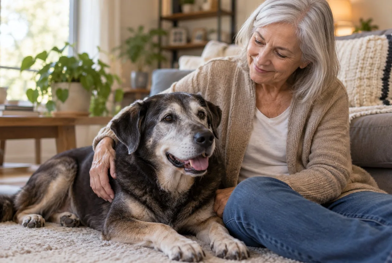An owner sitting beside a relaxed older mixed-breed dog at home